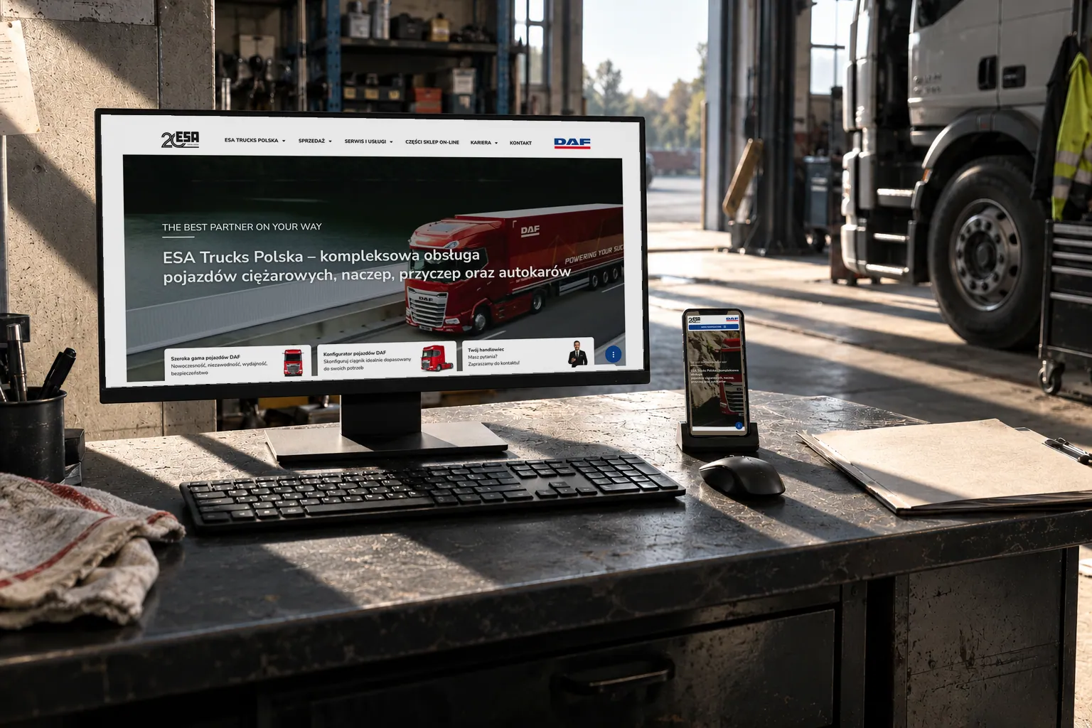 ESA Trucks — webbplatsen på en skärm och i mobilen