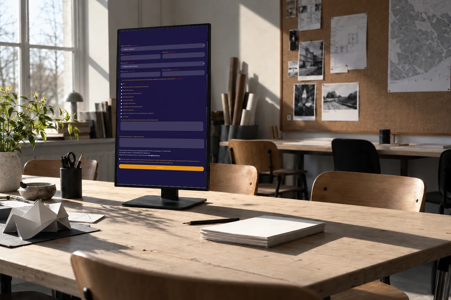 Instytut 3S — the workshop registration form on a portrait monitor