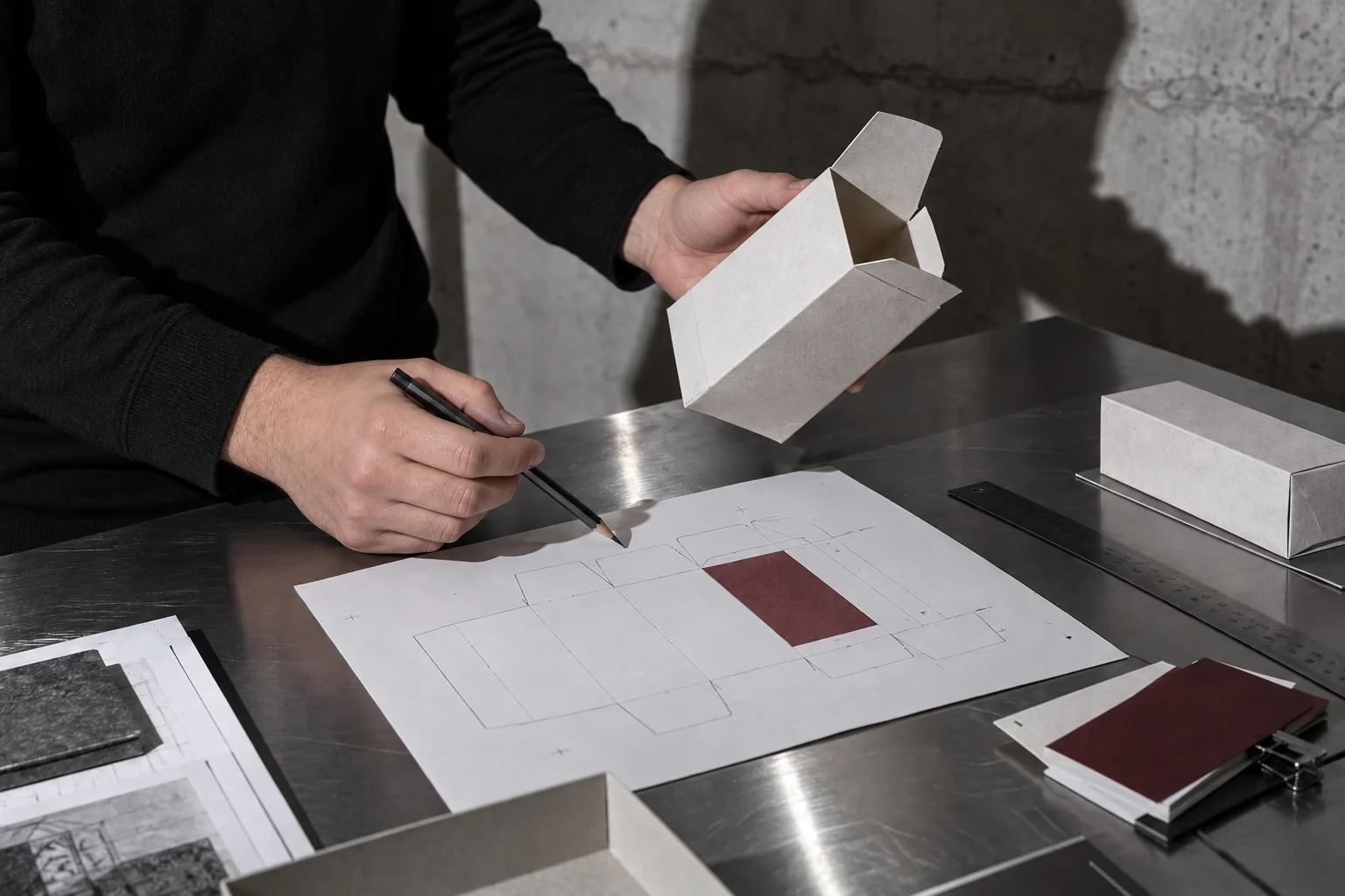 A designer reviews a packaging prototype and labels.